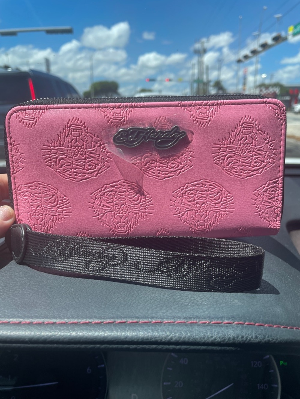 Ed Hardy Pink Embossed Zip Wallet with Wrist Strap - Picture 2 of 8